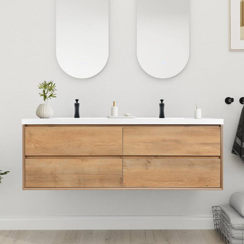 NebulaSky 60 in Wall Mounted Double Sink Bathroom Vanity with Top Combo Cabinet Vanity Set Invisible Handles
