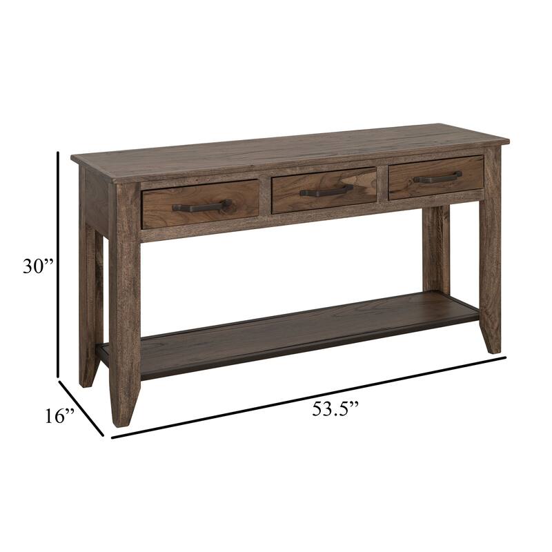 Tacey Sofa Console Table, 3 Drawers, Rustic Peanut Brown Wood, 54 Inch