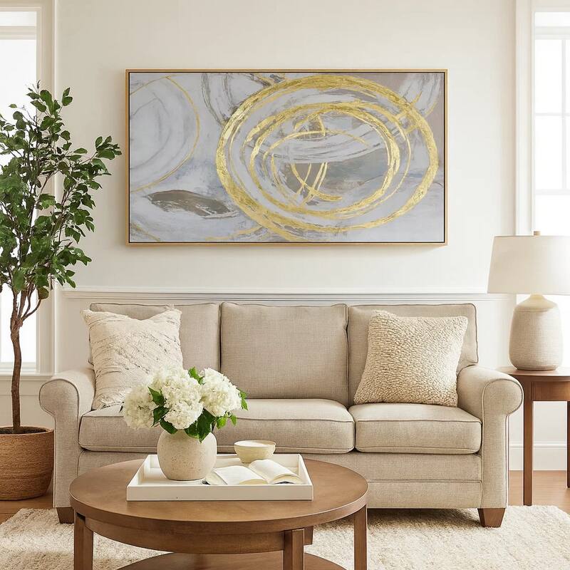 51 x 81 Framed Canvas Oil Painting, Abstract, Natural Fiber, Gray, Gold