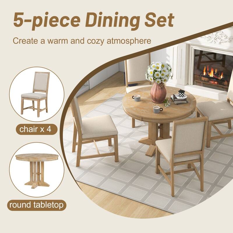 5-Piece Dining Set Extendable Round Table and 4 Upholstered Chairs Farmhouse Dining Set for Kitchen, Dining Room