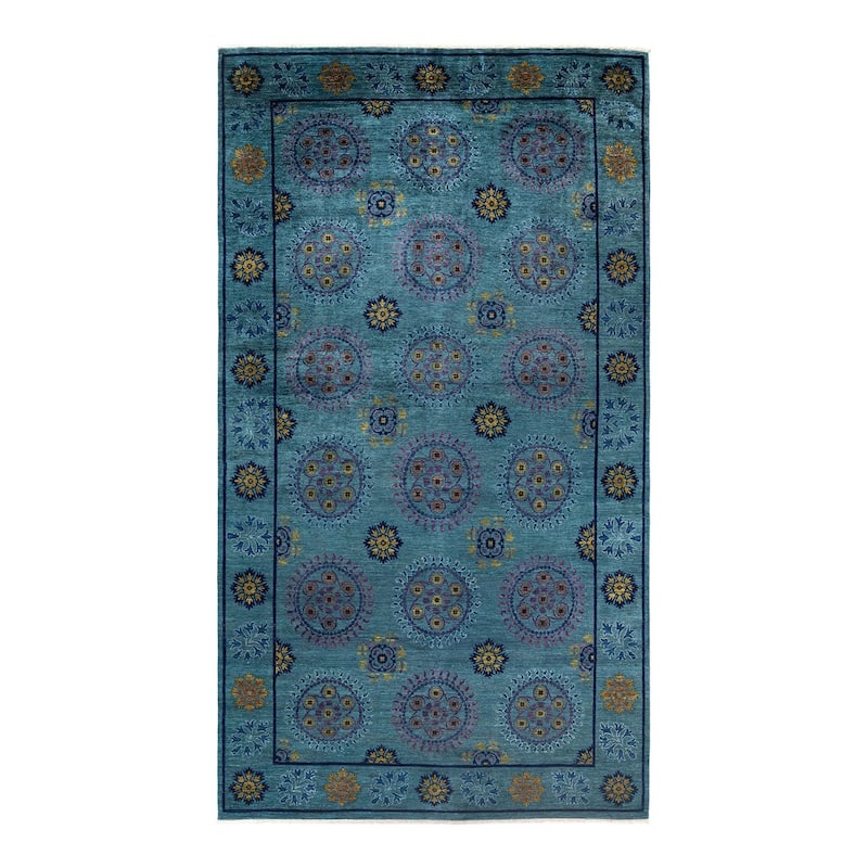 Overton Handknotted Wool Vintage Inspired Contemporary Suzani Green Area Rug - 16' 8" x 9' 2"