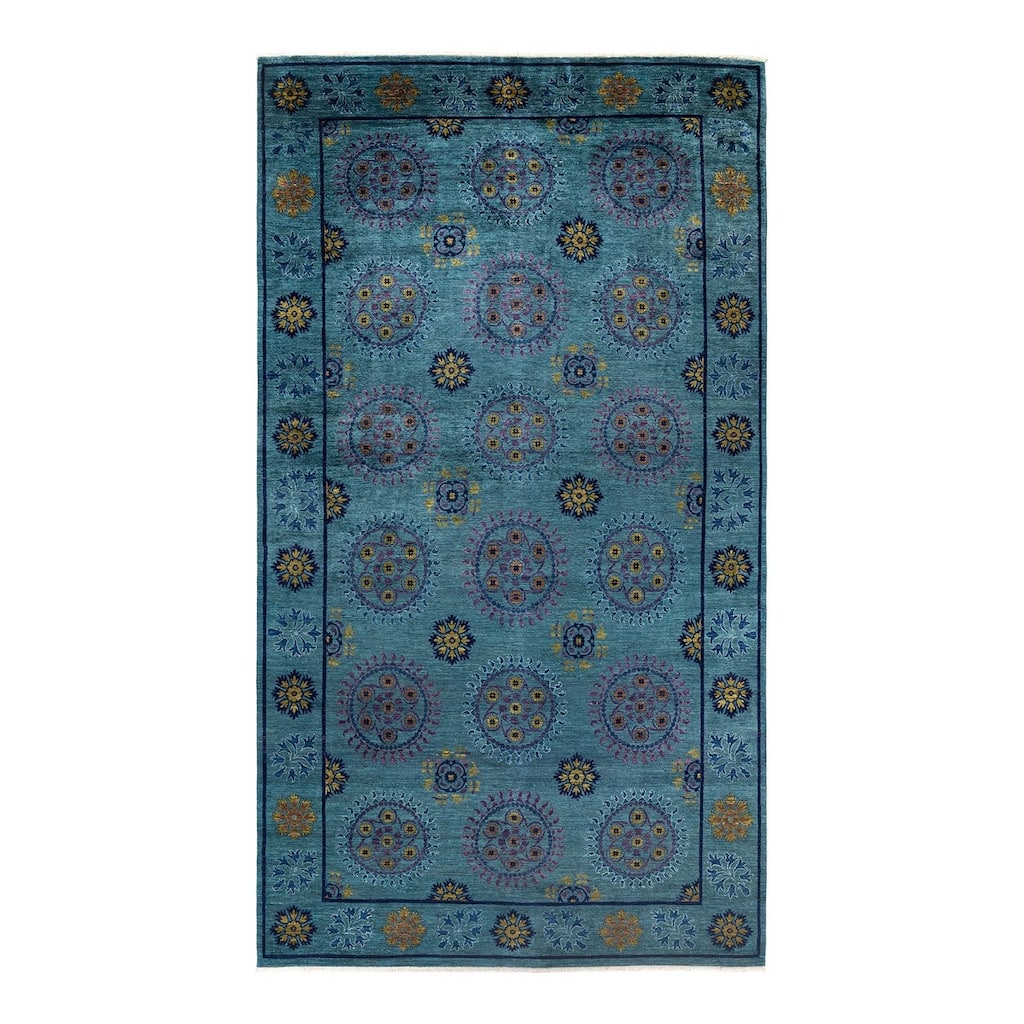 Overton Handknotted Wool Vintage Inspired Contemporary Suzani Green Area Rug - 16' 8" x 9' 2"