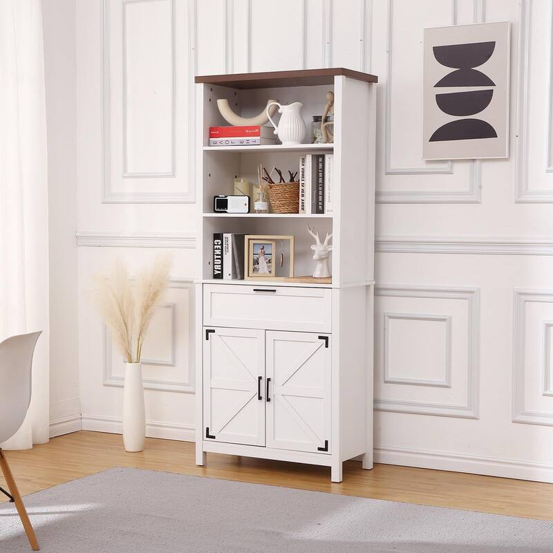 72 Inch Bookshelf Bookcase with Doors, 6-Tier Farmhouse Bookshelf with Cabinet and Drawer - White