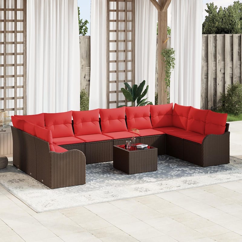 vidaXL 10/11 Garden Sofa Set with Cushions Black/Brown/Grey Poly Rattan - 135.4 x 69.9 x 27.2 - Brown with table