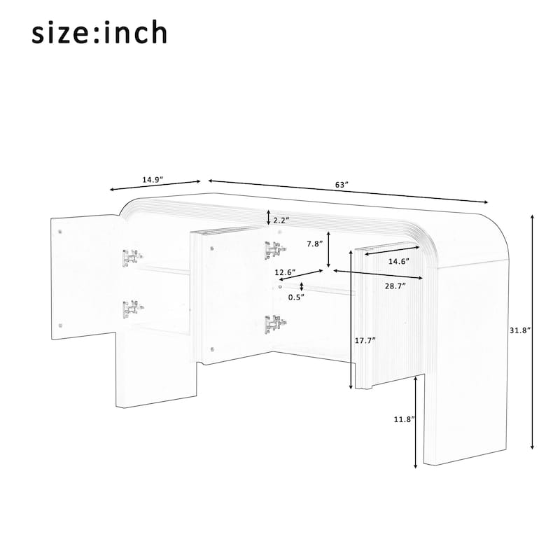 Sideboard Buffet Cabinet Storage W/4 Doors, Adjustable Shelves, Stripe Freestanding Floor Cabinet, Wood Console Table
