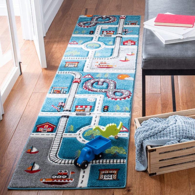 SAFAVIEH Carousel Kids Koika Neighborhood Road Rug - Turquoise/Ivory - 2' x 8' Runner - Runner