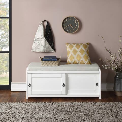 White Wood Entryway Storage Bench with 2 Cabinets