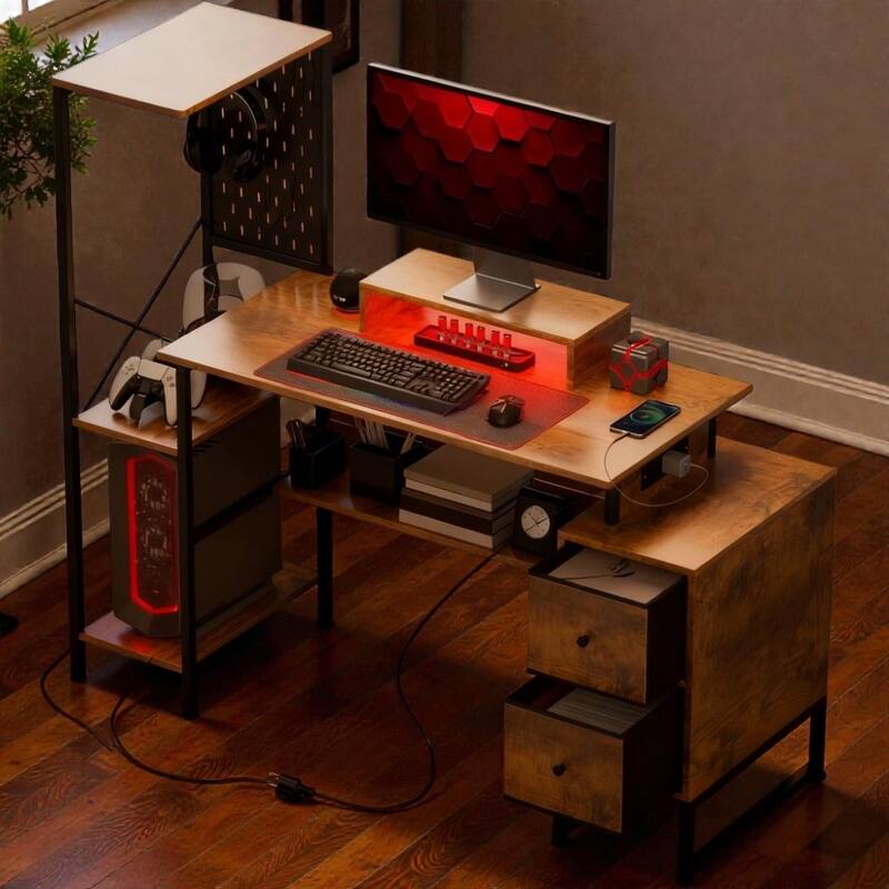 Computer Desk with Power Outlets and LED Lights, Home Office Desk with Monitor Shelf Storage and Pegboard