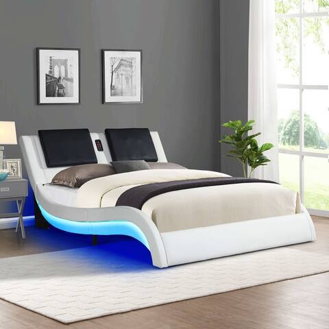King Size Faux Leather Upholstered Platform Bed Frame with led lighting ,Bluetooth connection