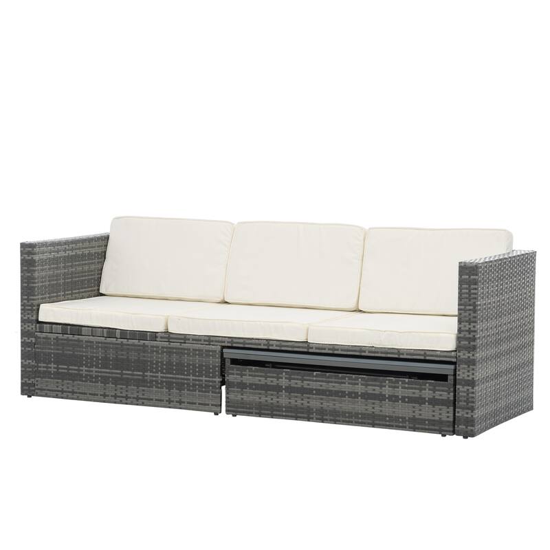 5 Piece Outdoor PE Wicker Sofa Set, Patio Conversation Furniture Set with Lift TOP Coffee Table and Lounger Sofa