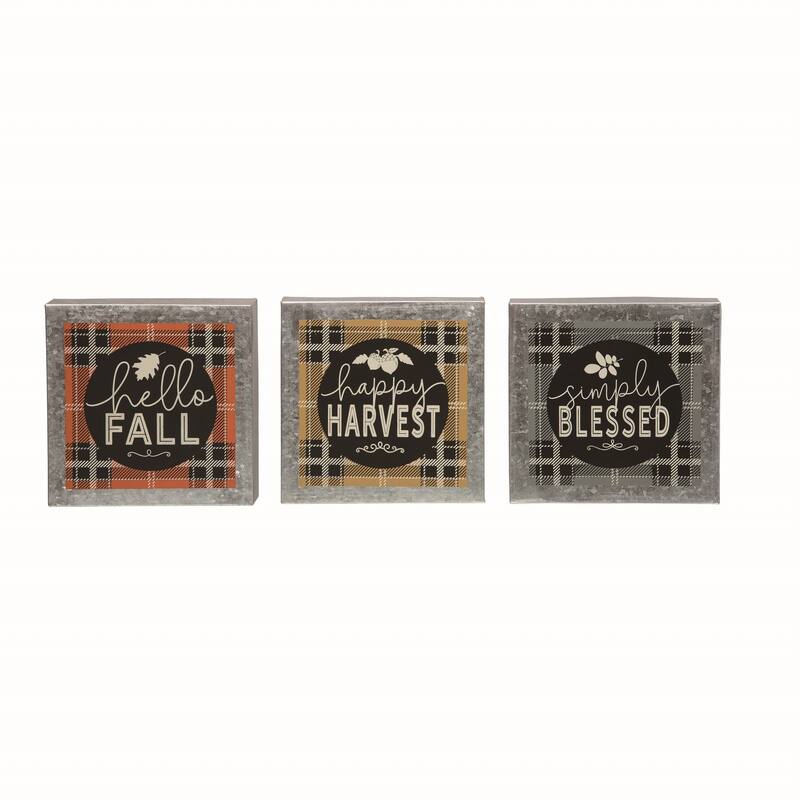 Transpac Metal Fall Plaid Block Decor Set of 3 Fall/Harvest Home Decorations