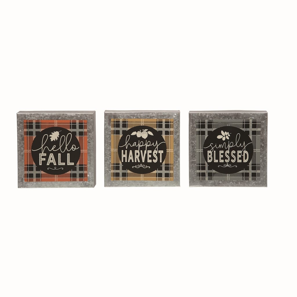 Transpac Metal Fall Plaid Block Decor Set of 3 Fall/Harvest Home Decorations
