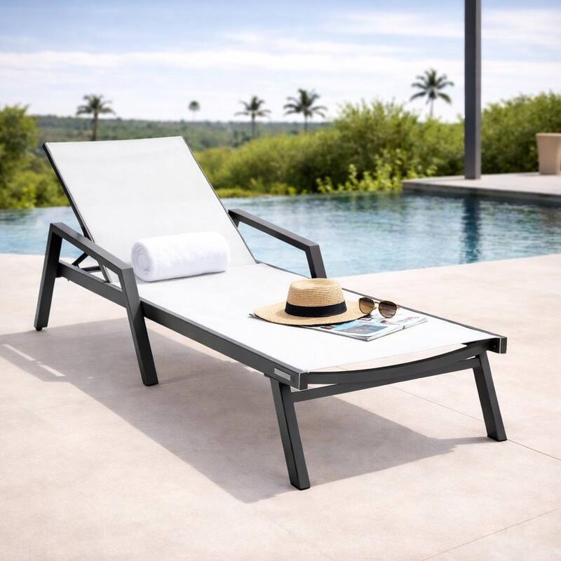 Marlin Outdoor Stackable Mesh Sun Chaise Lounge Chair with Arms and Adjustable Backrest for Pool, Beach, Patio, and Garden