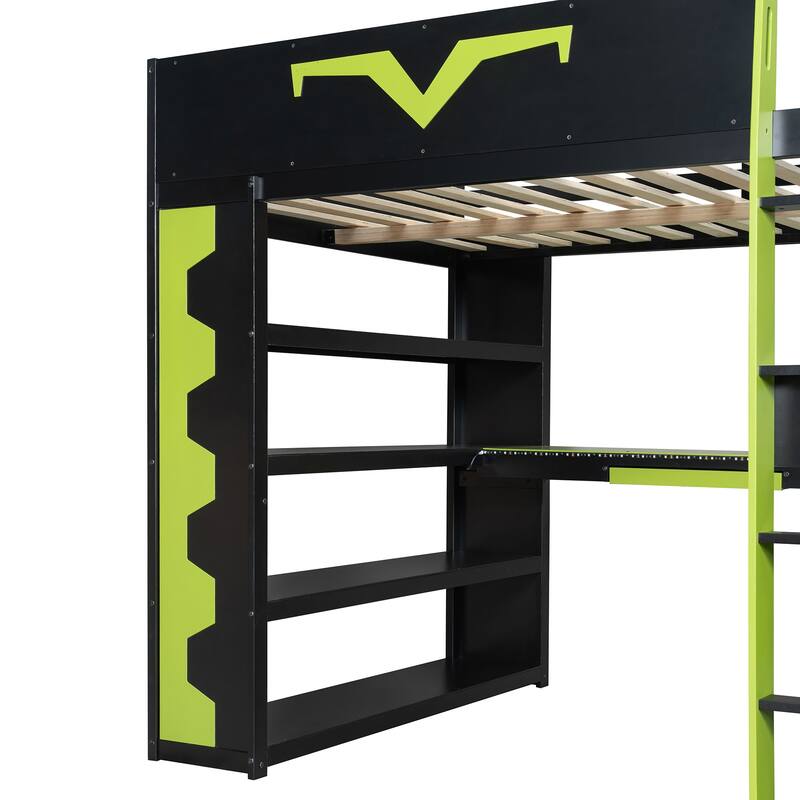 Full Size Gaming Loft Bed with Desk & RGB LED Lights, Pro-Gamer Setup with Pegboard, Keyboard Tray & Storage