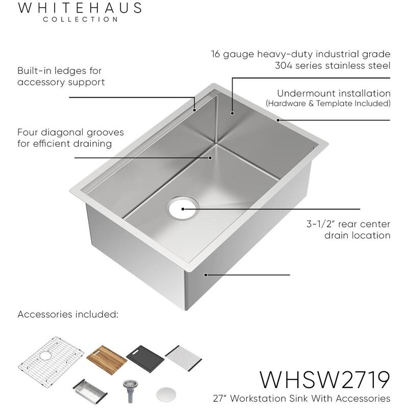 Whitehaus WHSW2719 27" Undermount Single Basin Stainless Steel Modern - Brushed Stainless Steel
