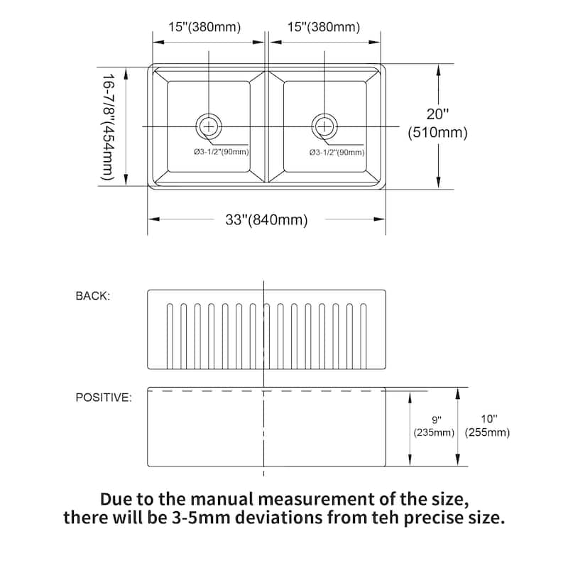 33'' Farmhouse Ceramic Double Bowl Kitchen Sink in White - 33'' x 20'' x 10''