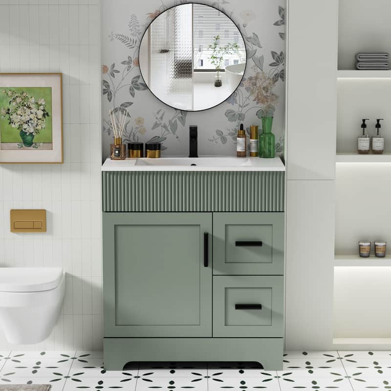 30"/36"/48" Single Bathroom Vanity Set with Drop in Sink Top with Wave Lines - Green - 30"