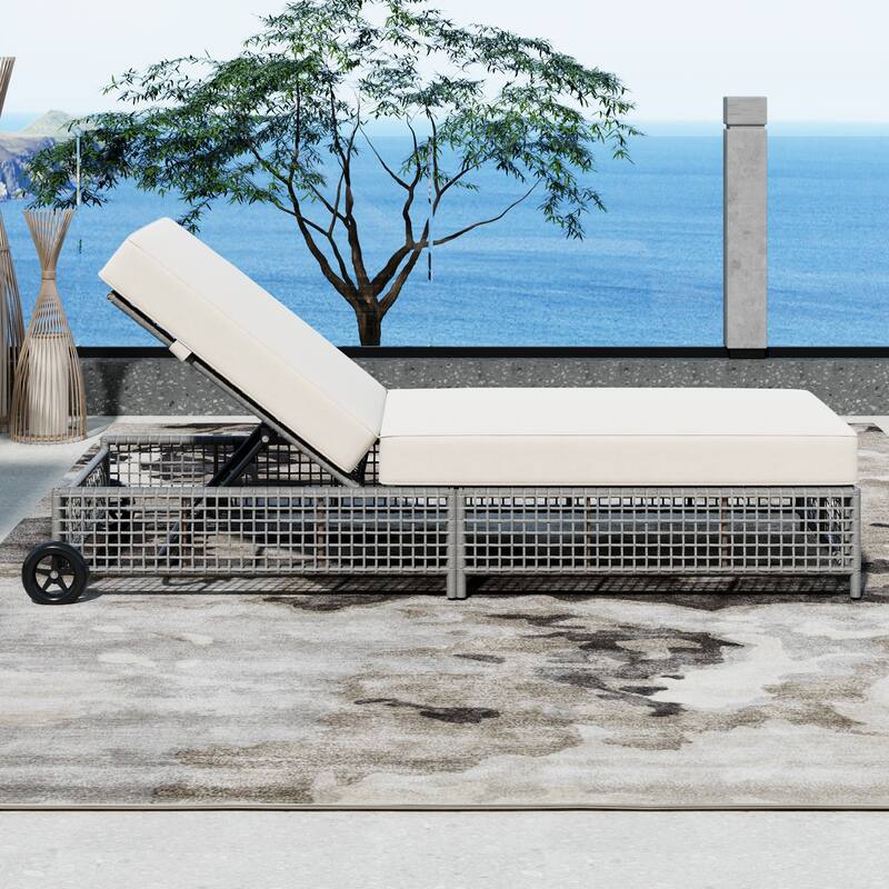 Outdoor Rattan Daybed Sunbed with Adjustable Back & Wheels