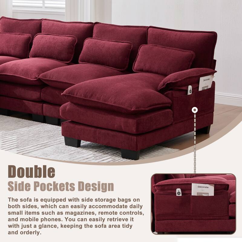 Symmetrical Chenille Upholstered Sectional Sofa U-shaped Cloud Couch with Double Chaise, Side Pockets and Double-layer Cushions