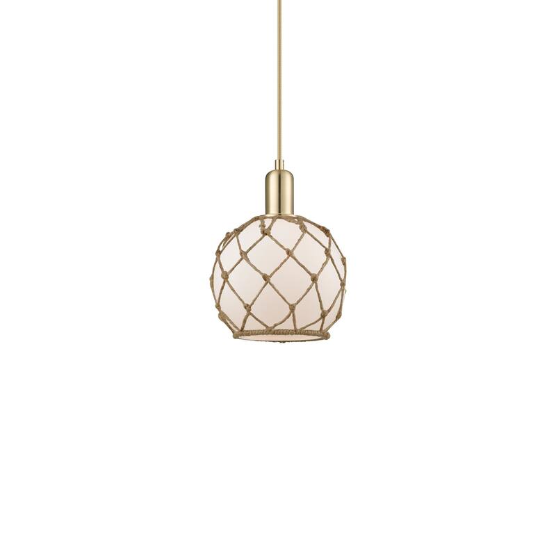 Innovations Lighting 716-1P-11-8 Farmhouse Rope Pendant Farmhouse Rope - Champagne Bronze / White Glass with Brown Rope