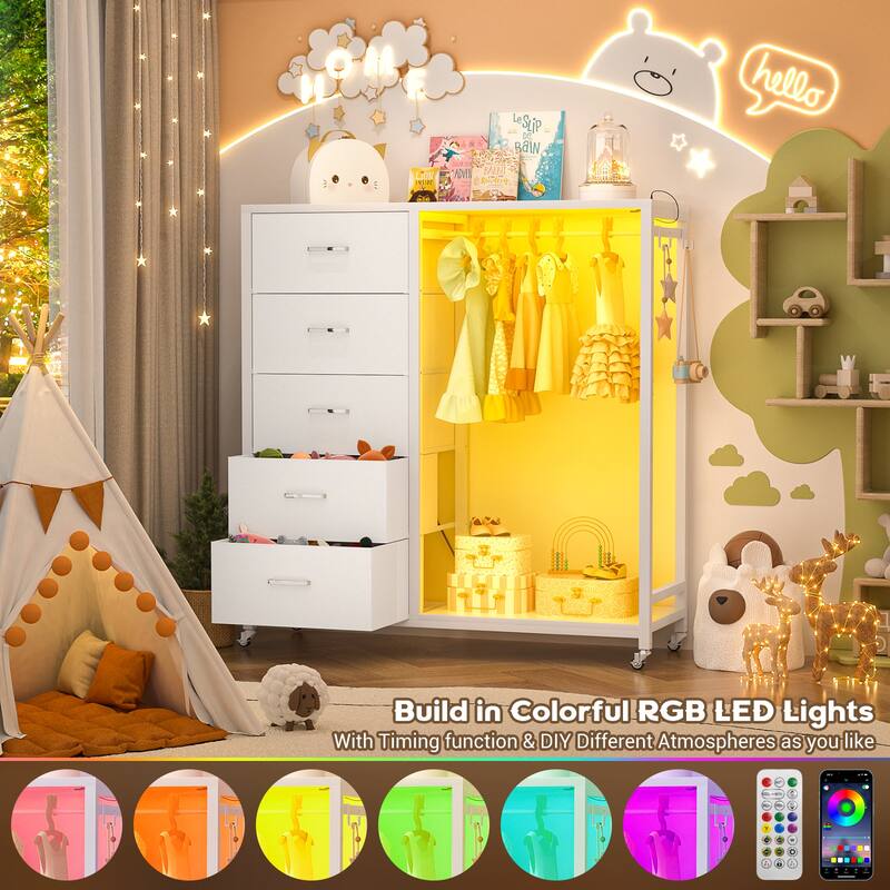 Rollway Dresser with Charge Station and LED Light,Chest With Drawers for Kids Room