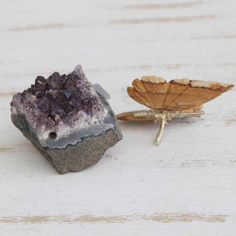 NOVICA Handmade Earthen Wings Jasper And Amethyst Gemstone Figurine (Brazil) - 3.1" H x 2.8" W x 2" D