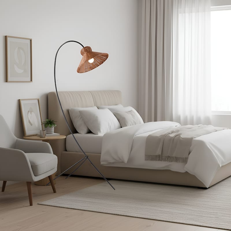 70" Bohemian Arc Floor Lamp – Woven Rattan Basket Shade on Black Metal Stem