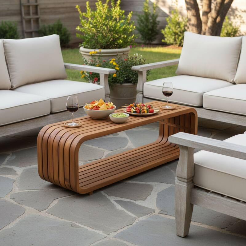 Roomfitters Melow Outdoor Acacia Wood Coffee Table with Hollow Slat Design, No Assembly, Teak Finish - Teak