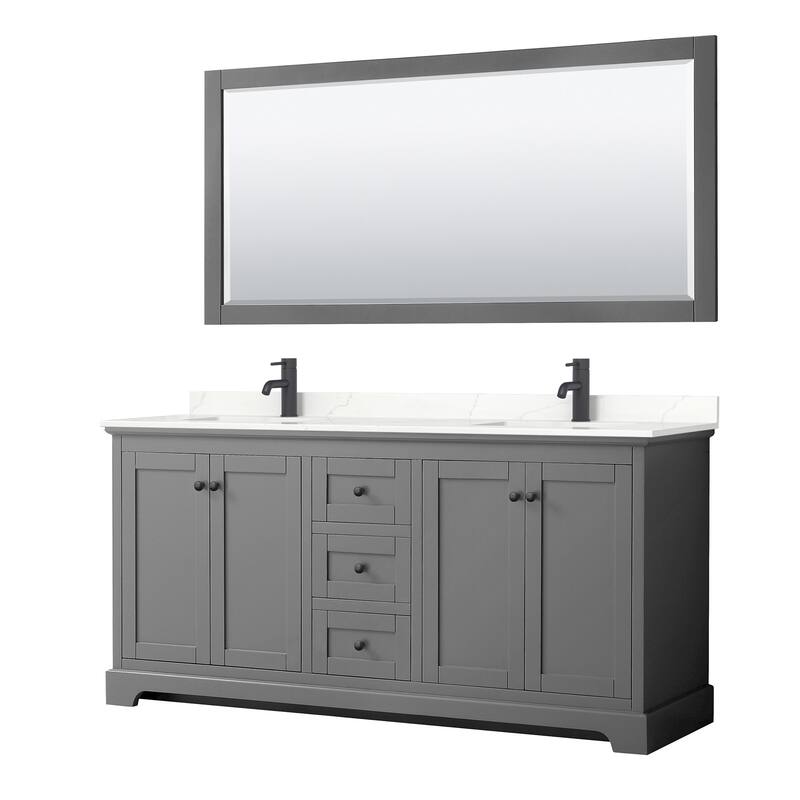 Avery 72-inch Double Vanity, Quartz Top, 70-inch Mirror - Dark Gray, Black Trim, Giotto Quartz Top