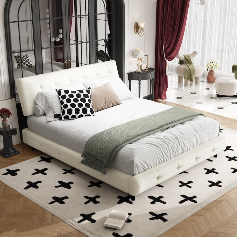 Queen Size Bed Frame, Tufted Headboard with Extra-Large Ultra-Soft Cloud Pillow Design, Chenille Platform Bed - White - Beige+White
