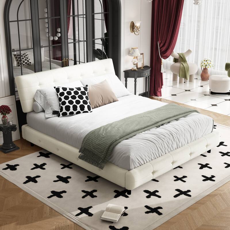 Queen Size Bed Frame,Tufted Headboard with Extra-Large Ultra-Soft Cloud Pillow Design,Chenille Platform Bed - Beige+White