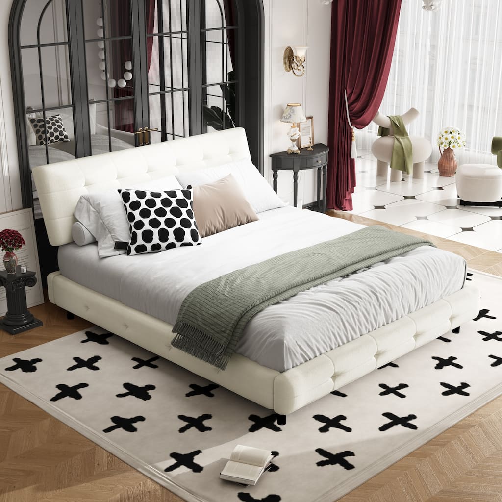 Queen Size Bed Frame with Tufted Headboard, Chenille Platform, Solid Wood and Metal Support, Beige/White