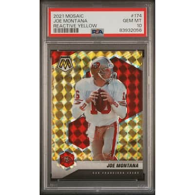 Joe Montana 2021 Panini Mosaic Reactive Yellow Football Card #174 Graded PSA 10 - 8'6" x 11'6"