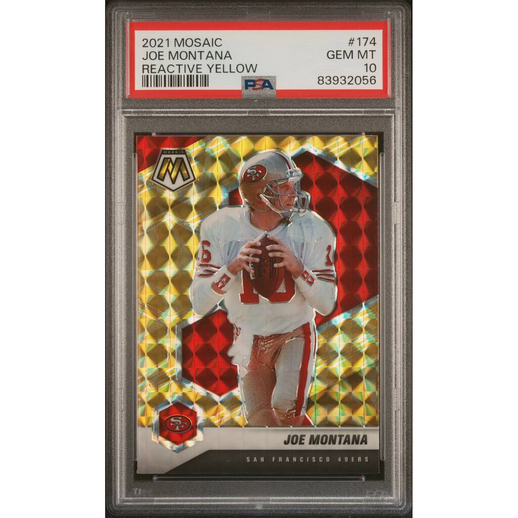 Joe Montana 2021 Panini Mosaic Reactive Yellow Football Card #174 Graded PSA 10 - 8'6" x 11'6"