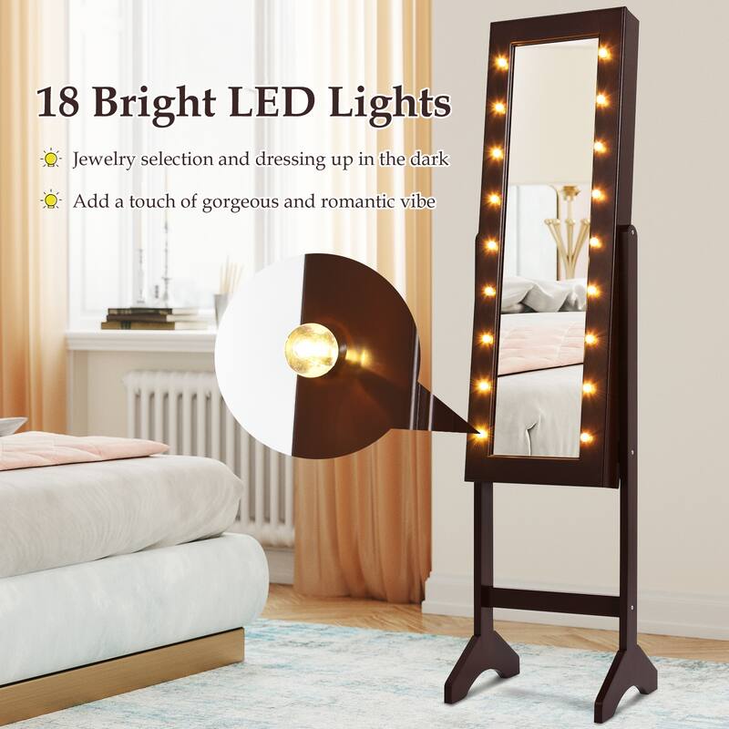 LED-Lighted Standing Jewelry Armoire Storage Cabinet with Full Length Mirror - 14" x 12.5" x 57" (L x W x H)