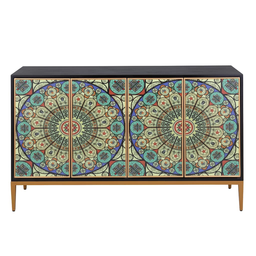 Pasargad Home Solani Sideboard Gold Metal Legs, Black/Multicolor