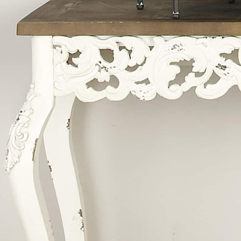 Wood Scroll Intricately Carved Console Table with Brown Wood Top - White - Roche River Decor - 15"Wx46"Lx30"H