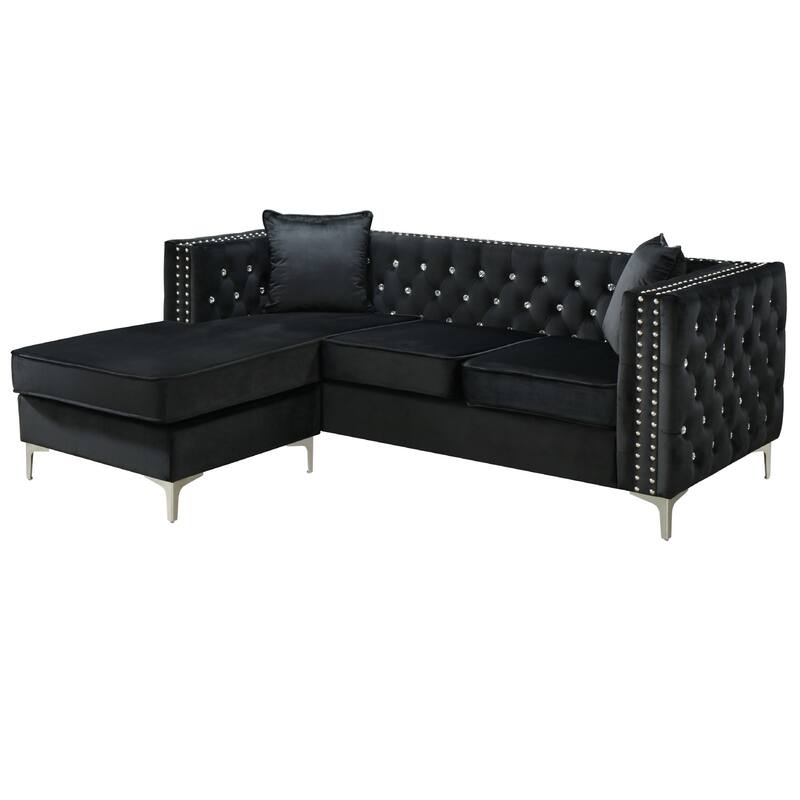 Tufted Velvet Sectional Sofa with Throw Pillows - 87" - Black