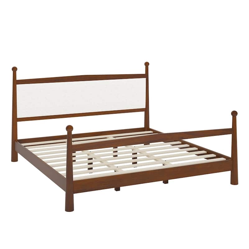 Boucle Fabric Upholstered Headboard Wood Platform Bed