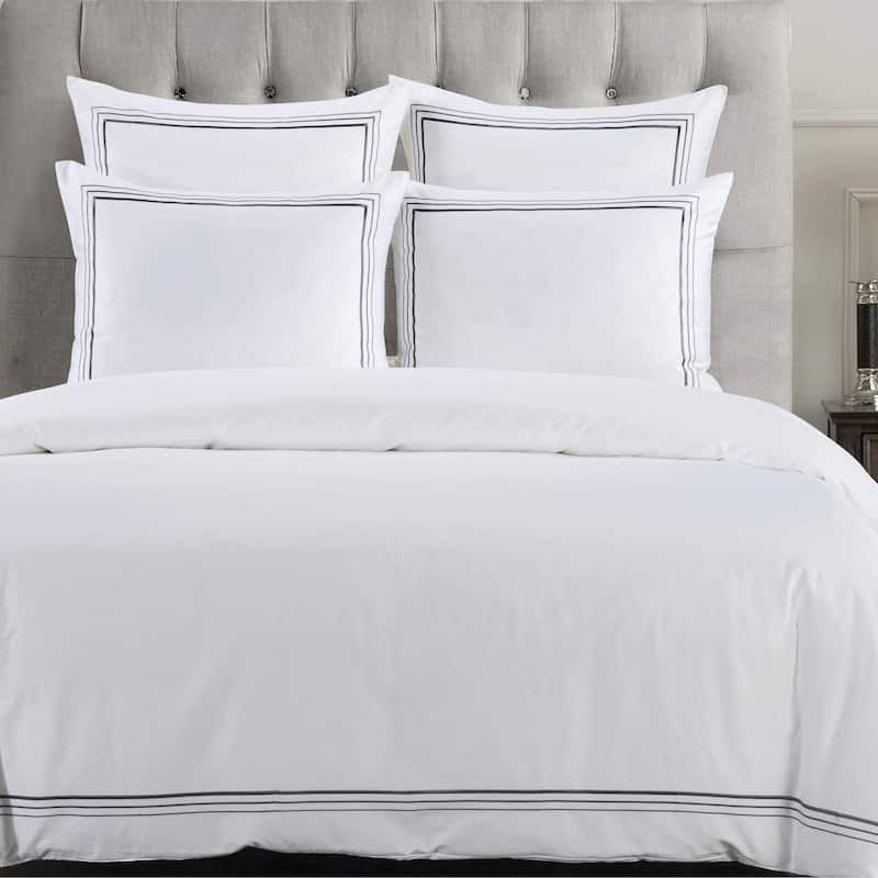HiEnd Accents 100% Cotton Hotel Luxury Embroidered Border Duvet Cover Set, 3PC - Gray - Queen