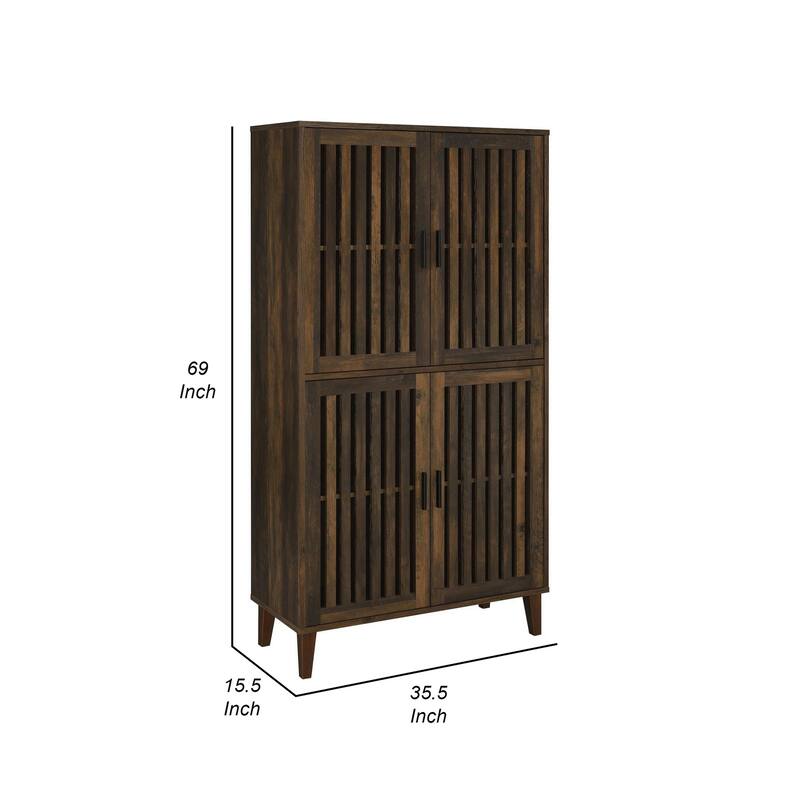69 Inch Tall Accent Cabinet, Vertical Slatted Design, Brown and Black