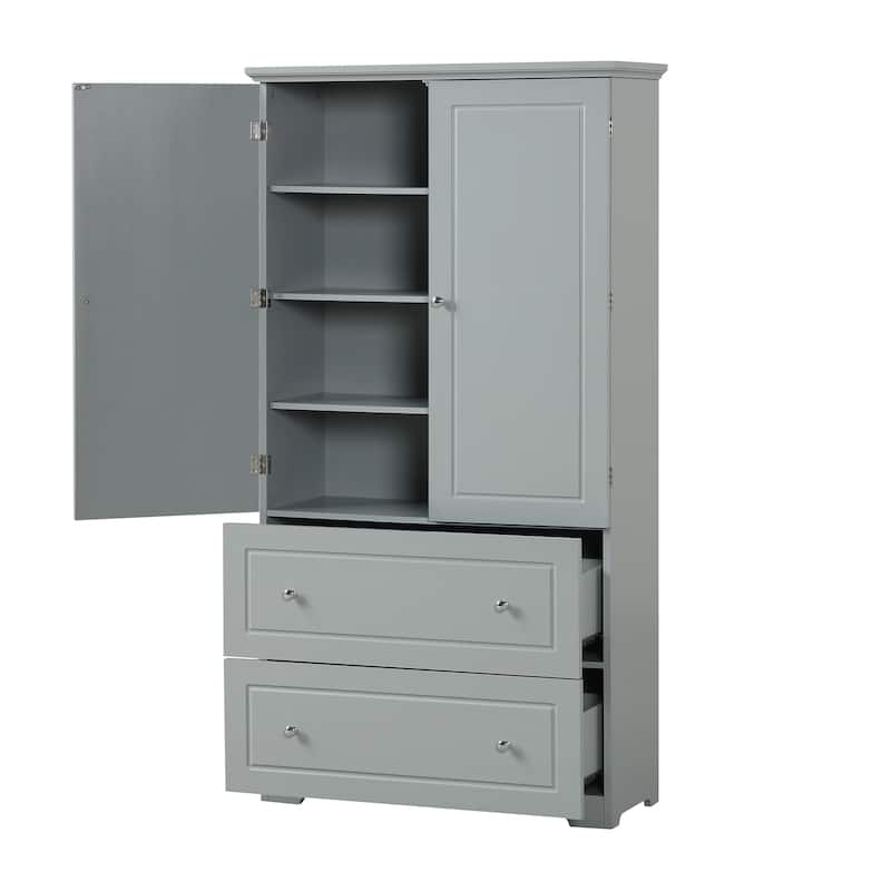 Grey Double Door Storage Cabinet with 2 Drawers, Adjustable Shelf and Metal Round Knobs for Office Bathroom Bedroom Living Room