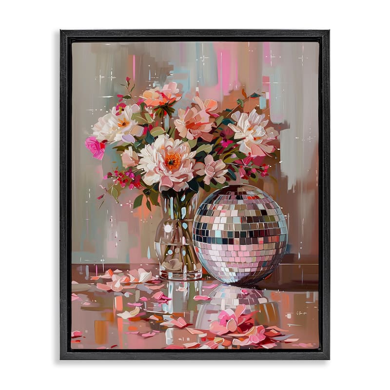 Stupell Disco Ball & Flowers Still Life Framed Floater Canvas Wall Art Design By Arlington Prints - 25 x 31 - Black