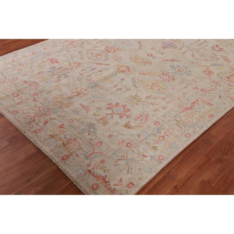 Hand Knotted Oriental 100% Wool Carpet Transitional All-Over Beige & Ivories Oushak Area Rug - 8' 11'' X 6' 0''