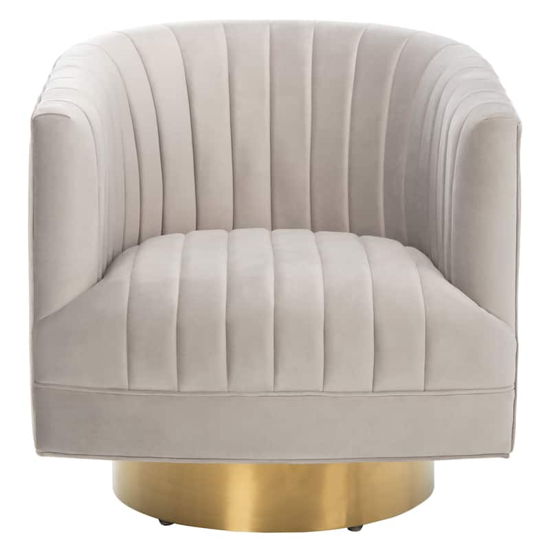SAFAVIEH Couture Matejka Swivel Channel Tufted Barrel Chair - 28" W x 31" L x 30" H - 28Wx31Dx30H - Pale Taupe/Gold