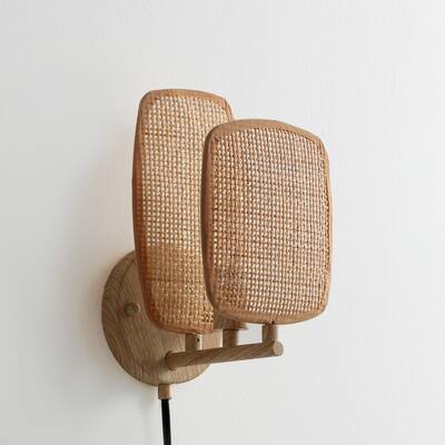 VidaLite Amud - Plug-In Swag Wall Sconce Lamp, 1-Light with Bamboo Wicker Panels wood Finish, Beige