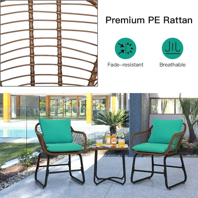 3 Pieces Patio Rattan Bistro Set Cushioned Chair Glass Table Deck - 22'' x 24.5'' x 31'' (L x W x H)
