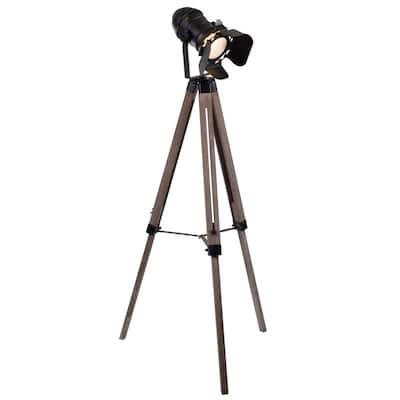 55 Inch Floor Lamp with Tripod Style Wood Frame, Spotlight, Brown and Black