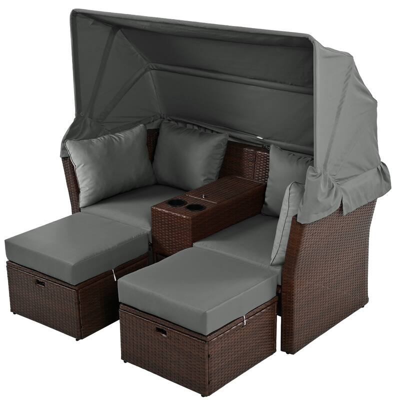 Convertible Outdoor Patio Daybed Loveseat Set with Retractable Sunshade, Cup Holders, Storage Boxes, Water-Repellent Cushions