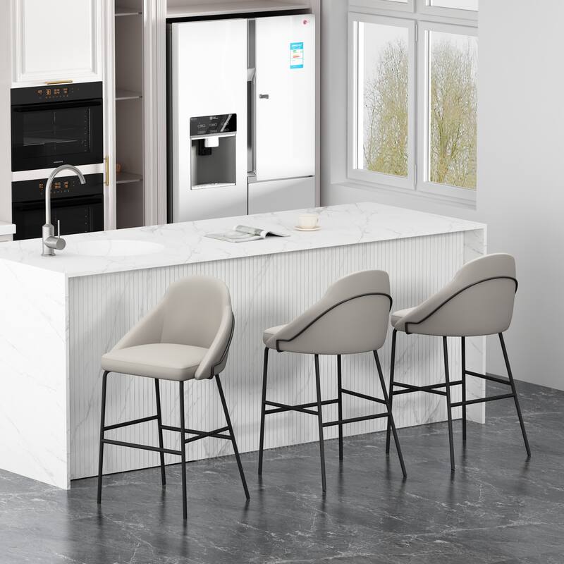 Manhattan Comfort Gracie Leatherette Counter Bar Stoool with Steel Legs - Set of 3 - Stone Black - Bar Height